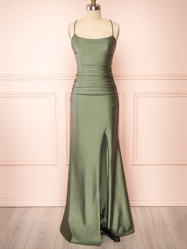 Silk-like Satin Floor-length Ruffles Bridesmaid Dress in Sheath/Column Scoop Neck Style