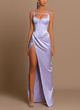 Silk Like Satin Prom Dress with High Split Illusion Neck Sheath/Column-27dress