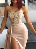 Silk-Like Satin Prom Dress with Lace Split Front - Sheath/Column Sleeveless Strapless Floor-Length-27dress