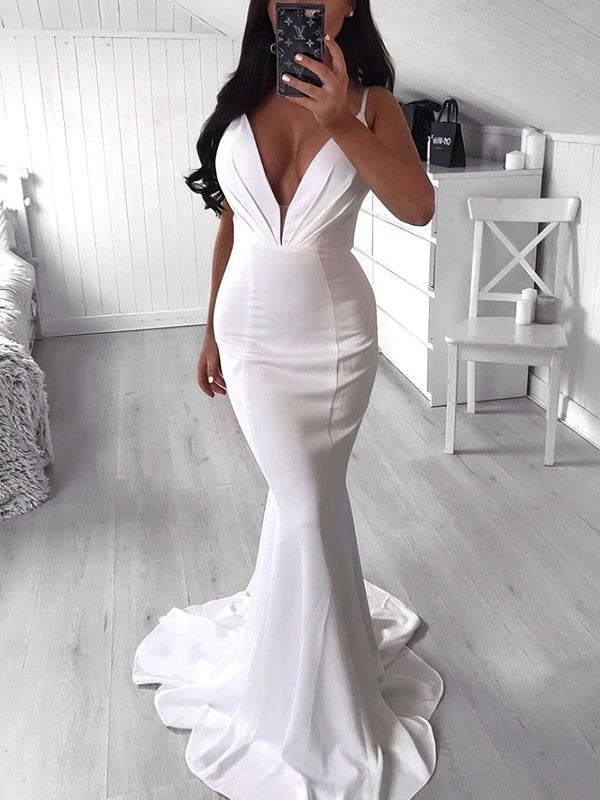 Silk-like Satin Ruffles Trumpet/Mermaid Sweep Train V-neck Prom Dresses