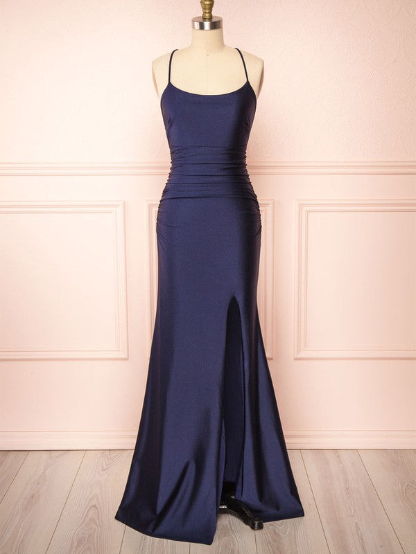 Silk-like Satin Sheath/Column Scoop Neck Floor-length Ruffles Bridesmaid Dress