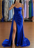 Silk-Like Satin Sweetheart Trumpet/Mermaid Prom Dress with Ruched Sleeveless Sweep Train-27dress