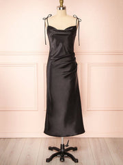 Silk-like Satin Tea-length Bridesmaid Dresses with Sheath/Column Cowl Neck