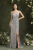 Silver Sequins Bridesmaid Dress V-Neck Sleeveless With Slit-27dress