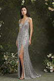 Silver Sequins Bridesmaid Dress V-Neck Sleeveless With Slit-27dress