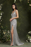 Silver Sequins Bridesmaid Dress V-Neck Sleeveless With Slit-27dress