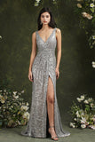 Silver Sequins Bridesmaid Dress V-Neck Sleeveless With Slit-27dress