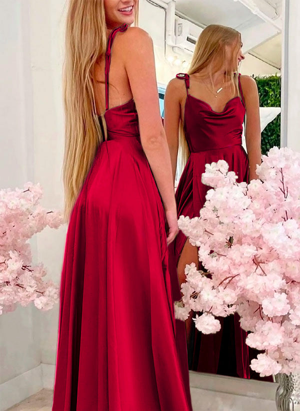 Simple A-line Spaghetti Straps Satin Long Prom Dresses With Split-27dress