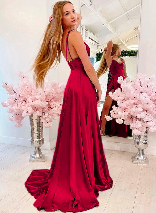 Simple A-line Spaghetti Straps Satin Long Prom Dresses With Split-27dress