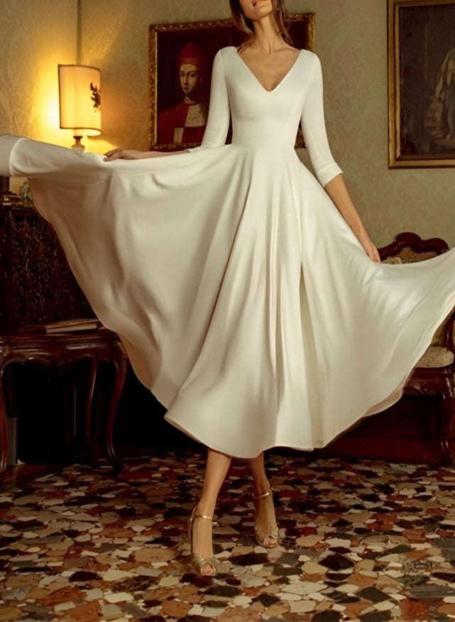 Simple A-Line V-Neck Satin Tea-Length Wedding Dresses with Sleeves-27dress