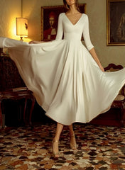 Simple A-Line V-Neck Satin Tea-Length Wedding Dresses with Sleeves-27dress