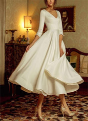 Simple A-Line V-Neck Satin Tea-Length Wedding Dresses with Sleeves-27dress