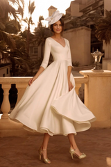 Simple A-Line V-Neck Satin Tea-Length Wedding Dresses with Sleeves-27dress