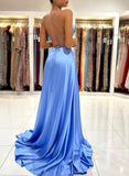 Simple A-Line V-Neck Sleeveless Satin Long Prom Dress With Split-27dress