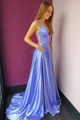 Simple High Slit Lavender Long Prom Dress with Pockets