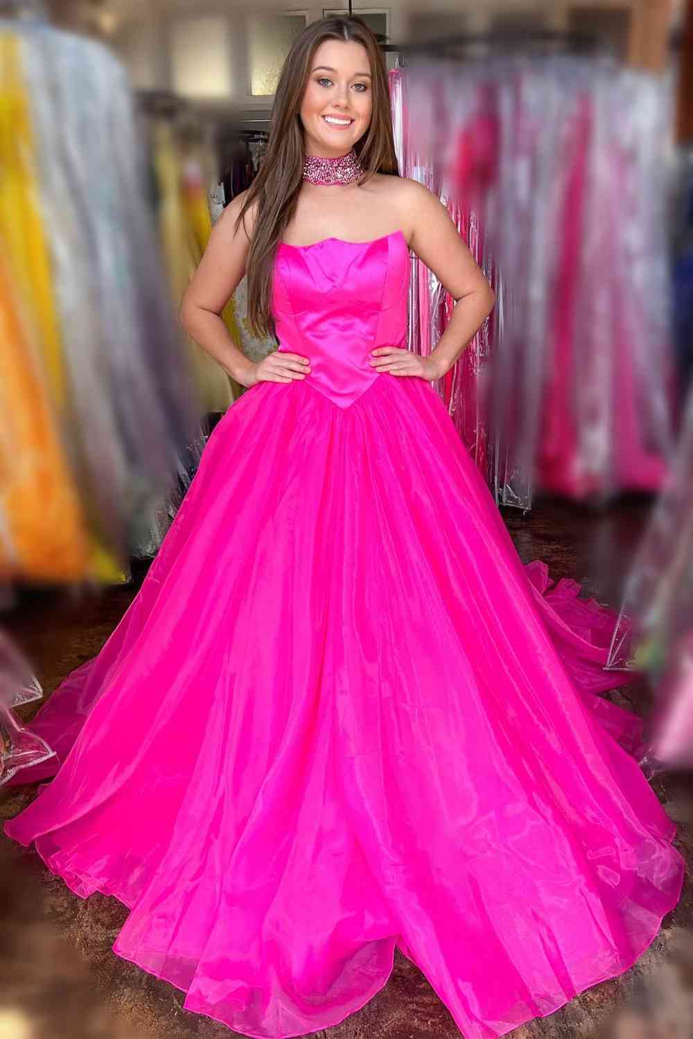 Simple Hot Pink Strapless Tulle Prom Dress with Pockets