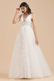 Simple Ivory V-Neck Tulle Lace Wedding Dress Appliques Garden Bridal Gowns-27dress