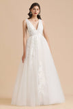 Simple Ivory V-Neck Tulle Lace Wedding Dress Appliques Garden Bridal Gowns-27dress