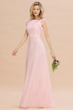 Simple Jewel Draped Sleeves Blushing Pink Bridesmaid Dress Online-27dress