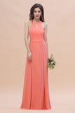 Simple Jewel Sleeveless Coral Chiffon Bridesmaid Dress Online-27dress