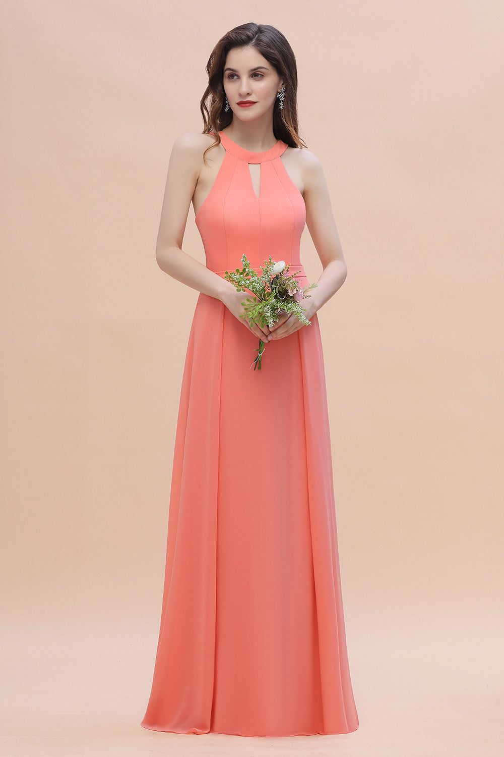 Simple Jewel Sleeveless Coral Chiffon Bridesmaid Dress Online-27dress