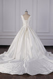 Simple Jewel White Satin Wedding Dress Sleeveless Ruffles Bridal Gowns On Sale-27dress