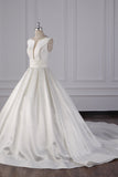 Simple Jewel White Satin Wedding Dress Sleeveless Ruffles Bridal Gowns On Sale-27dress