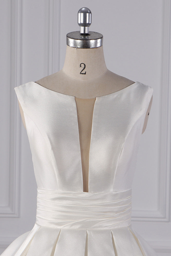 Simple Jewel White Satin Wedding Dress Sleeveless Ruffles Bridal Gowns On Sale-27dress