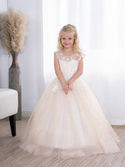 Simple Long A-line Tulle Flower Girl Dresses with Appliques Lace-27Dress