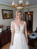 Simple Long A-line V-neck Open Back Tulle Lace Wedding Dress-27Dress