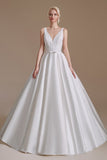 Simple Long A-line V-neck Satin Wedding Dress with Appliques Lace-27dress