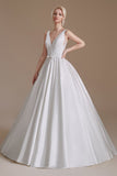 Simple Long A-line V-neck Satin Wedding Dress with Appliques Lace-27dress