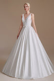 Simple Long A-line V-neck Satin Wedding Dress with Appliques Lace-27dress