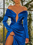 Simple Off-The-Shoulder Long Sleeves Satin Prom Dresses-27dress