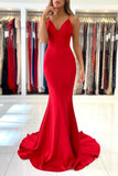 Simple Red Long Mermaid V-neck Open Back Prom Dresses-27Dress