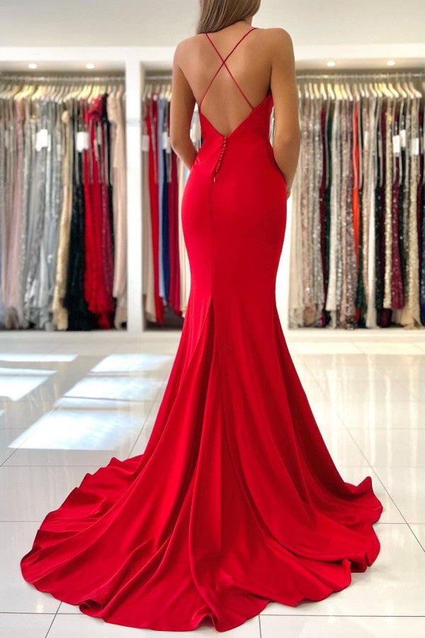 Simple Red Long Mermaid V-neck Open Back Prom Dresses-27Dress