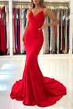 Simple Red Long Mermaid V-neck Open Back Prom Dresses-27Dress