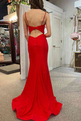 Simple Red Satin Square Neck Long Party Dress with Split-27dress