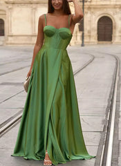 Simple Satin A-Line Spaghetti Straps Long Prom Dress-27dress