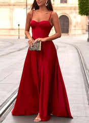 Simple Satin A-Line Spaghetti Straps Long Prom Dress-27dress