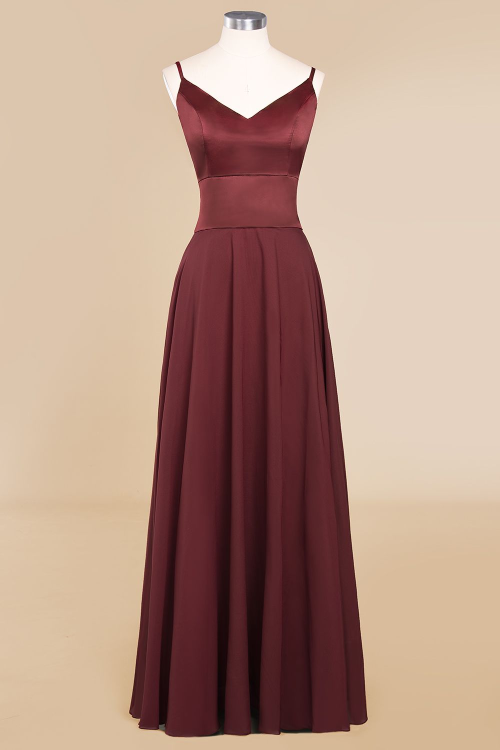 Simple Satin Chiffon Spaghetti-Straps Burgundy Long Bridesmaid Dress-27dress