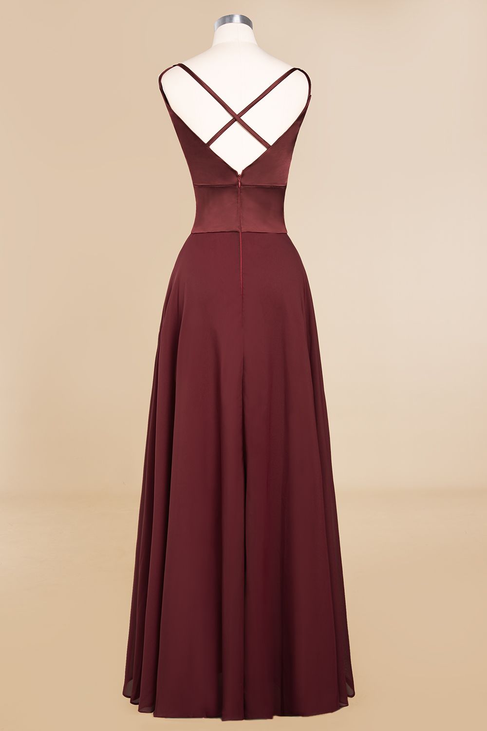 Simple Satin Chiffon Spaghetti-Straps Burgundy Long Bridesmaid Dress-27dress