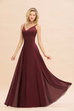 Simple Satin Chiffon Spaghetti-Straps Burgundy Long Bridesmaid Dress-27dress