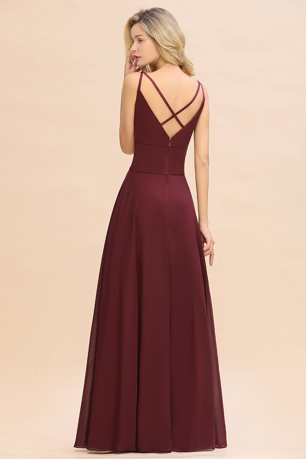 Simple Satin Chiffon Spaghetti-Straps Burgundy Long Bridesmaid Dress-27dress