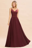 Simple Satin Chiffon Spaghetti-Straps Burgundy Long Bridesmaid Dress-27dress