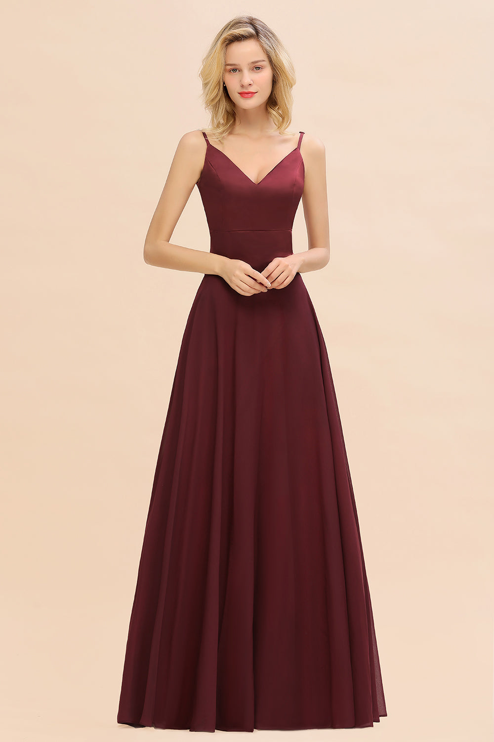 Simple Satin Chiffon Spaghetti-Straps Burgundy Long Bridesmaid Dress-27dress