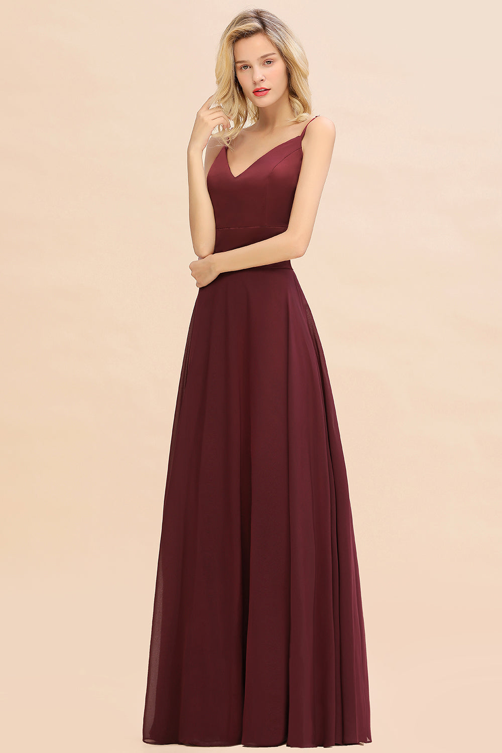 Simple Satin Chiffon Spaghetti-Straps Burgundy Long Bridesmaid Dress-27dress