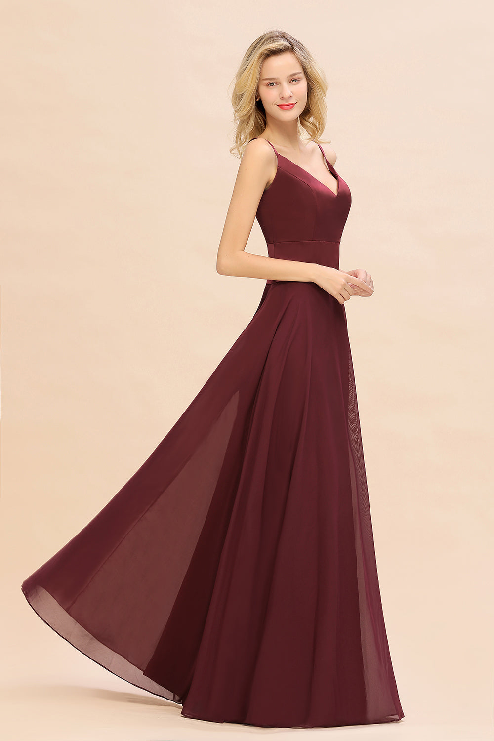 Simple Satin Chiffon Spaghetti-Straps Burgundy Long Bridesmaid Dress-27dress