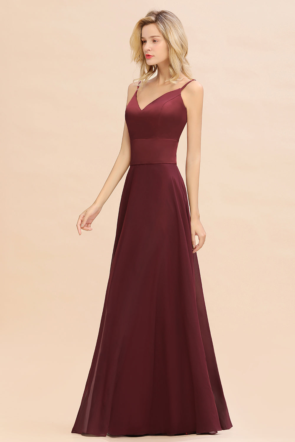 Simple Satin Chiffon Spaghetti-Straps Burgundy Long Bridesmaid Dress-27dress