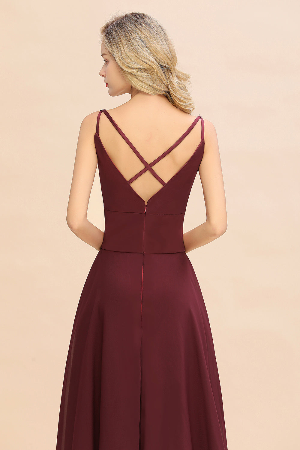 Simple Satin Chiffon Spaghetti-Straps Burgundy Long Bridesmaid Dress-27dress